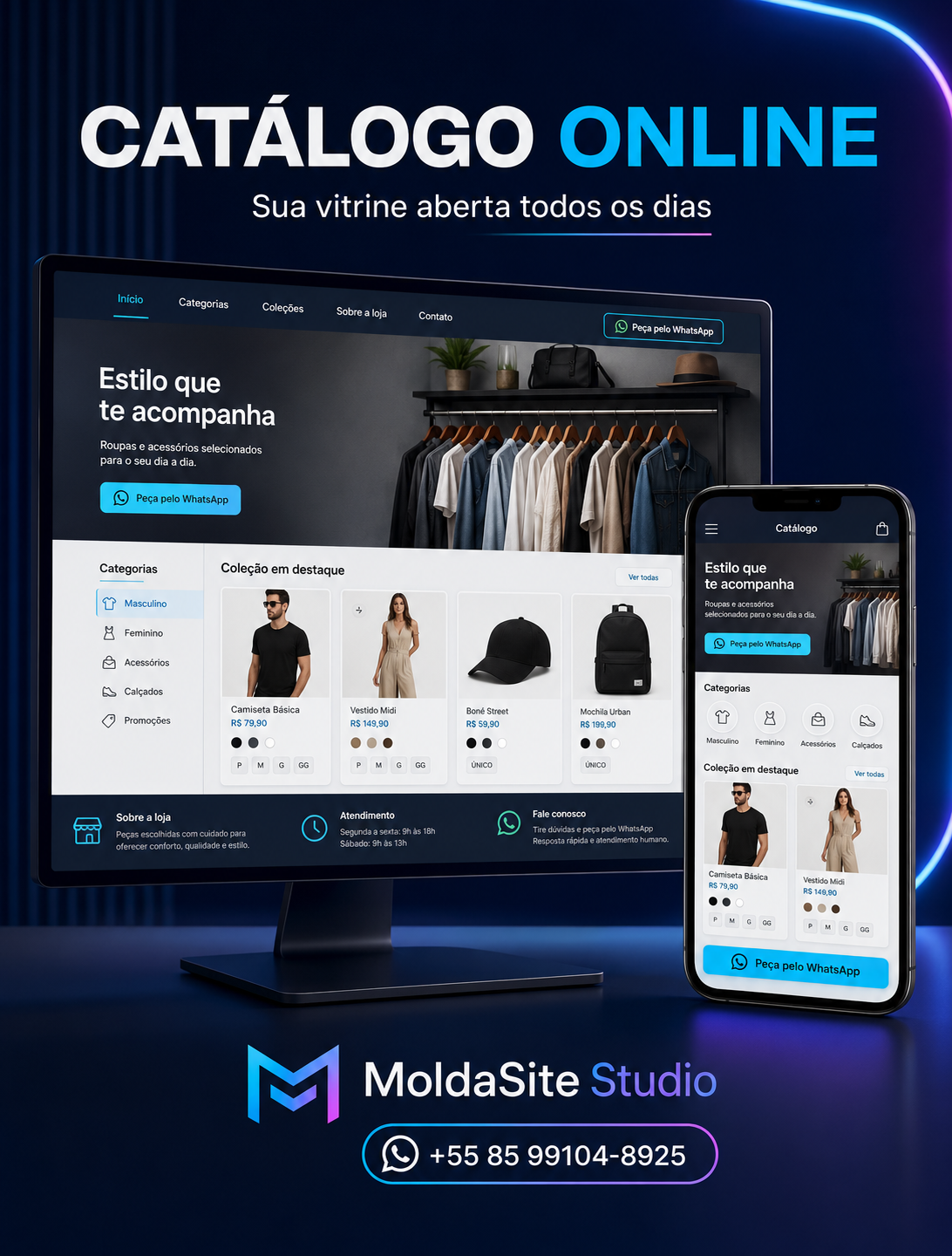 Projeto demonstrativo de catálogo online para loja exibido no monitor e celular