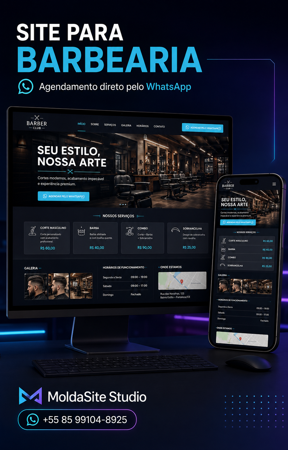 Projeto demonstrativo de site profissional para barbearia exibido no computador e celular